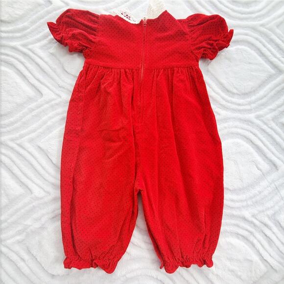 VTG 80s Red and Polkadot Velour Smocked Romper 6-9 Months - Picture 6 of 12